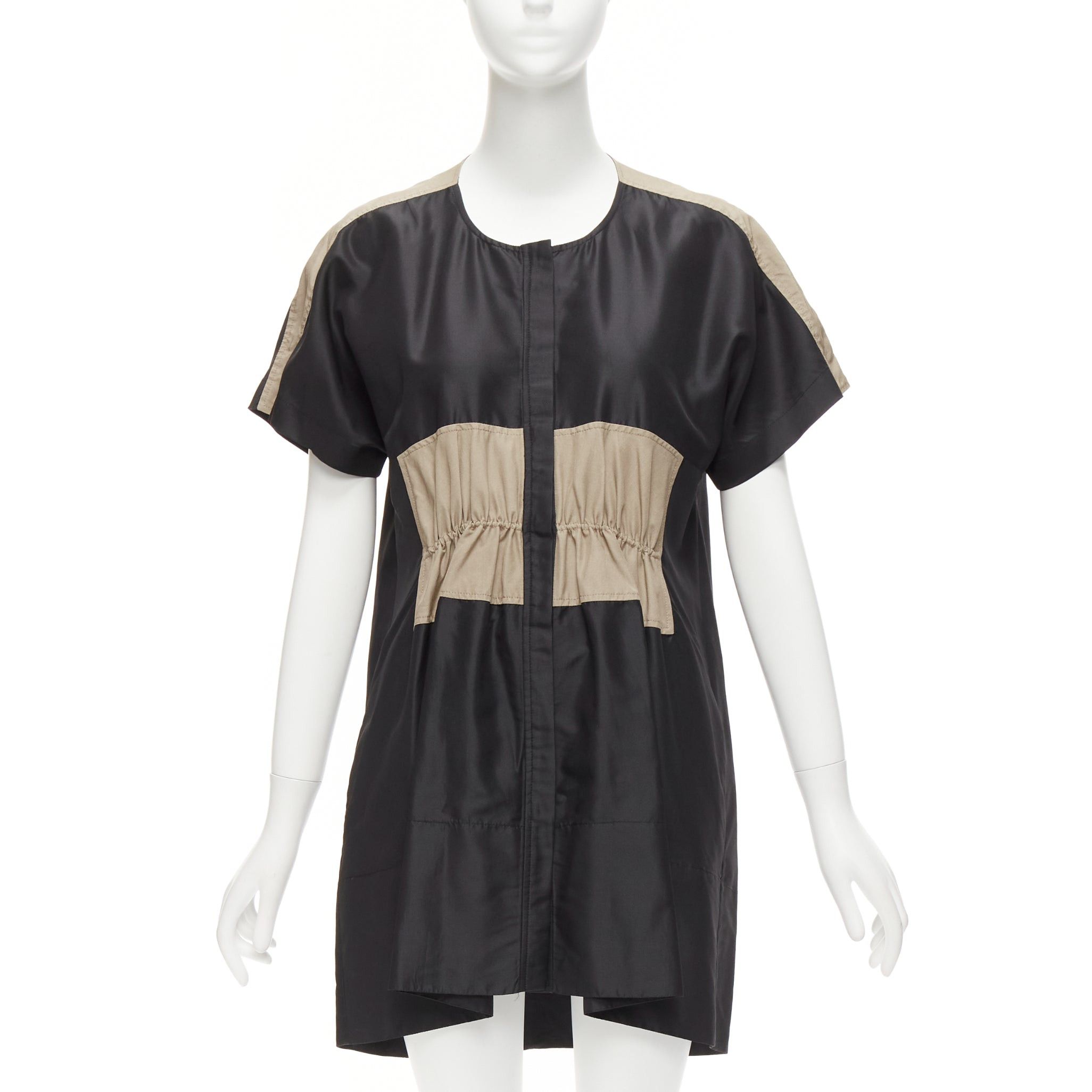 Balenciaga BALENCIAGA 2011 black khaki silk blend colorblock ruched shirt dress FR36 S Size S / US 4 / IT 40 - 1 Thumbnail