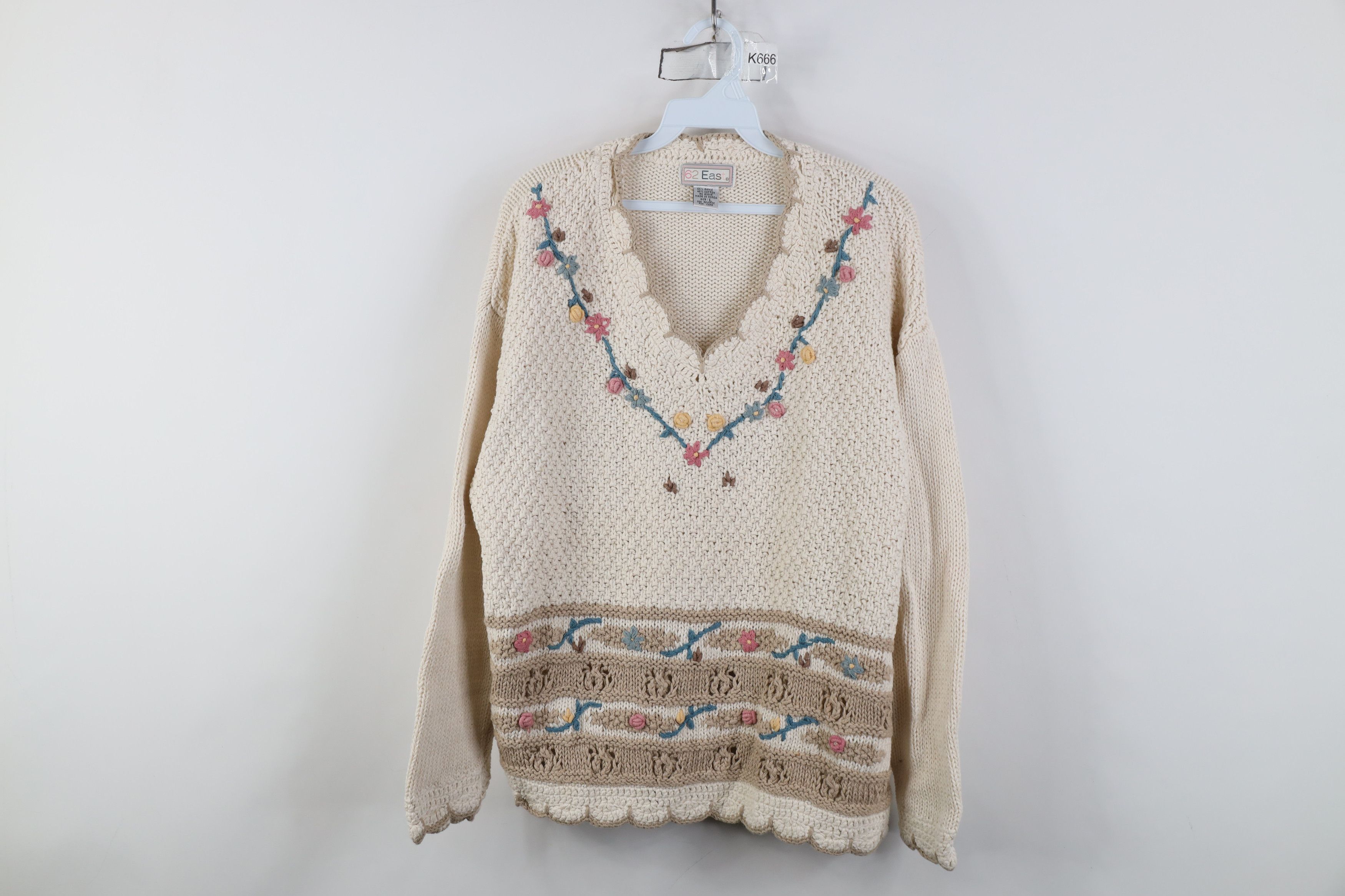 Vintage Vintage 90s Country Primitive Flower Knit Sweater Cream Size L / US 10 / IT 46 - 1 Thumbnail
