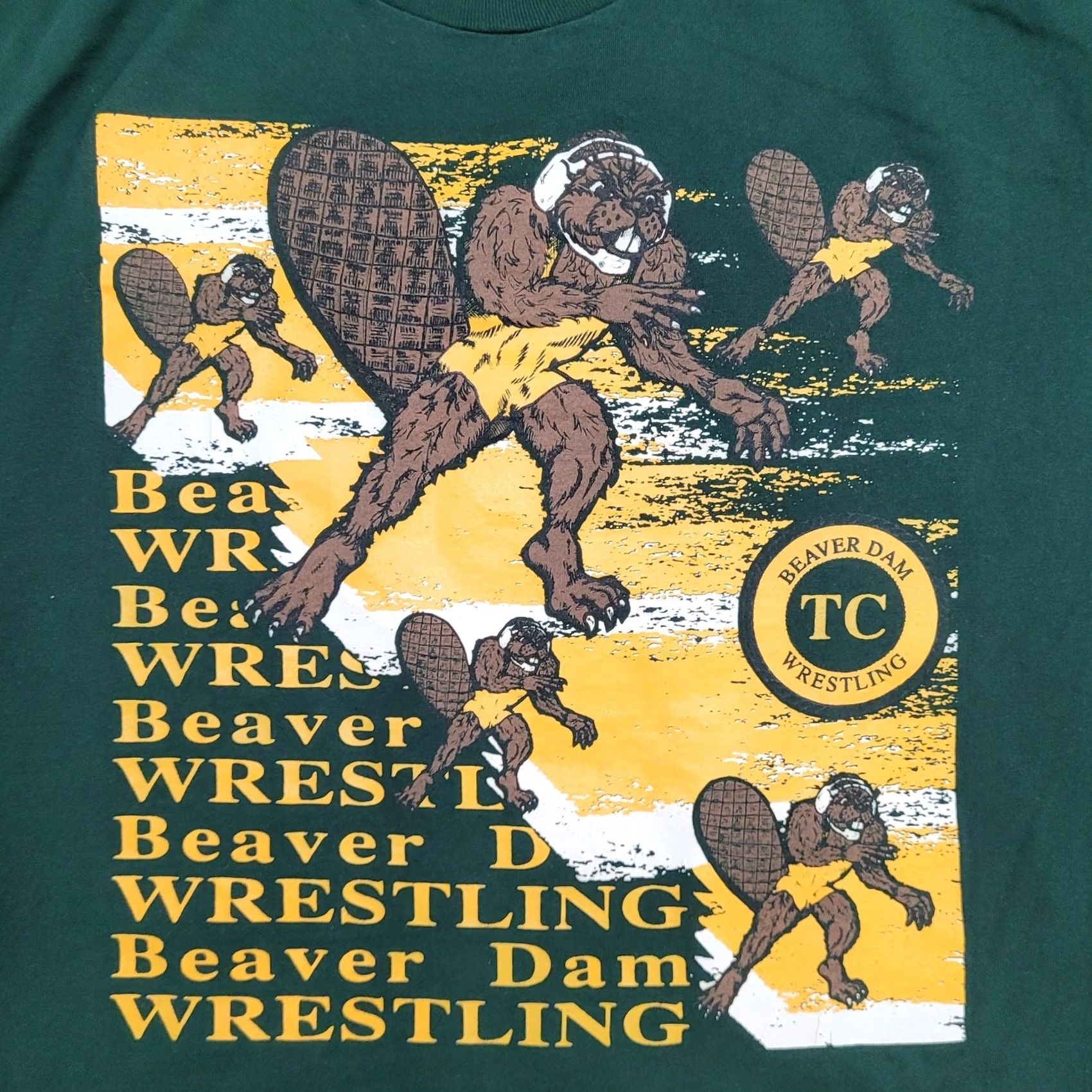 Fruit Of The Loom VINTAGE Beaver-Dam Wrestling Shirt M/L Green 21x26 Graphic Tee Men Size US L / EU 52-54 / 3 - 3 Thumbnail