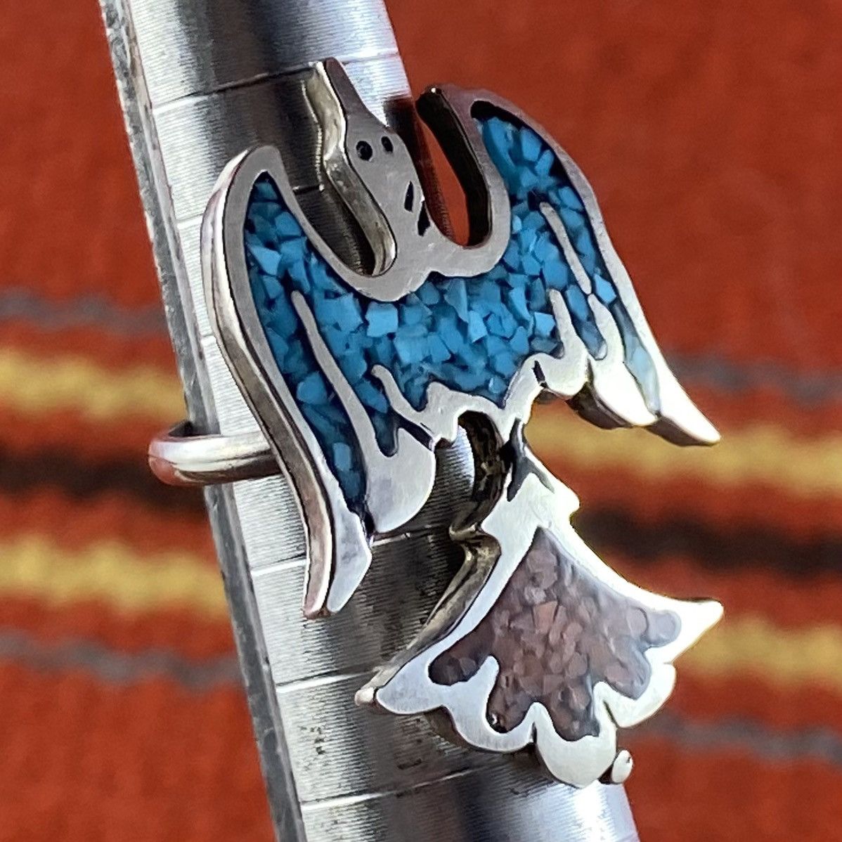 Kapital × Vintage Vtg Navajo Sterling Turquoise Coral Chunky Peyote Bird Ring Size ONE SIZE - 2 Thumbnail