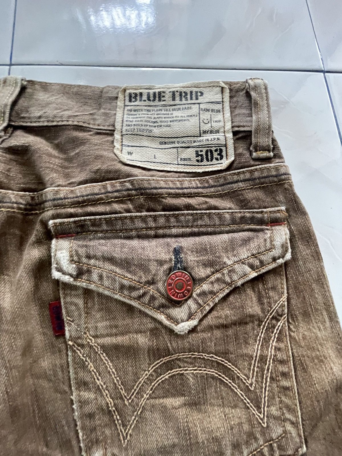 Edwin × Le Grande Bleu (L.G.B.) × Vintage Vintage Edwin 503 Flare Brown Faded Whiskers Man Jeans Size US 31 - 20 Thumbnail
