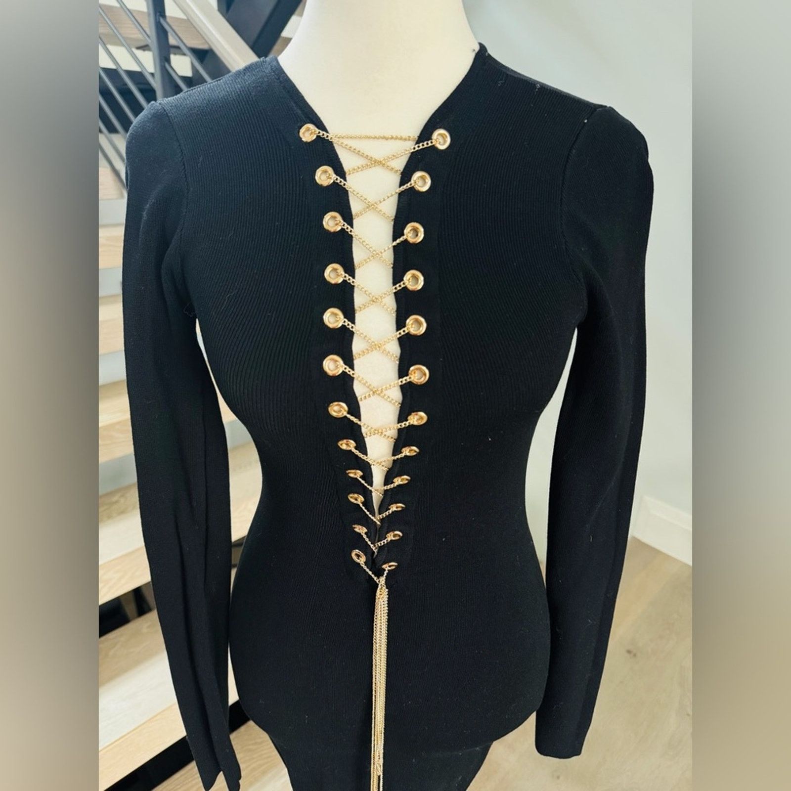 Other New Black Ribbed Knit Dress with Gold Chain Lace Detail S Size S / US 4 / IT 40 - 2 Thumbnail