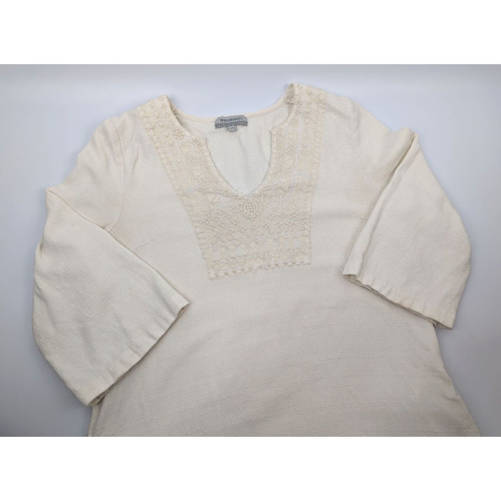 Vintage World Market Tunic V-Neck Embroidered Top Women's S/M Boho Cotton Coastal Ivory 3/4 Sleeve Shirt Womens Size S / US 4 / IT 40 - 2 Thumbnail