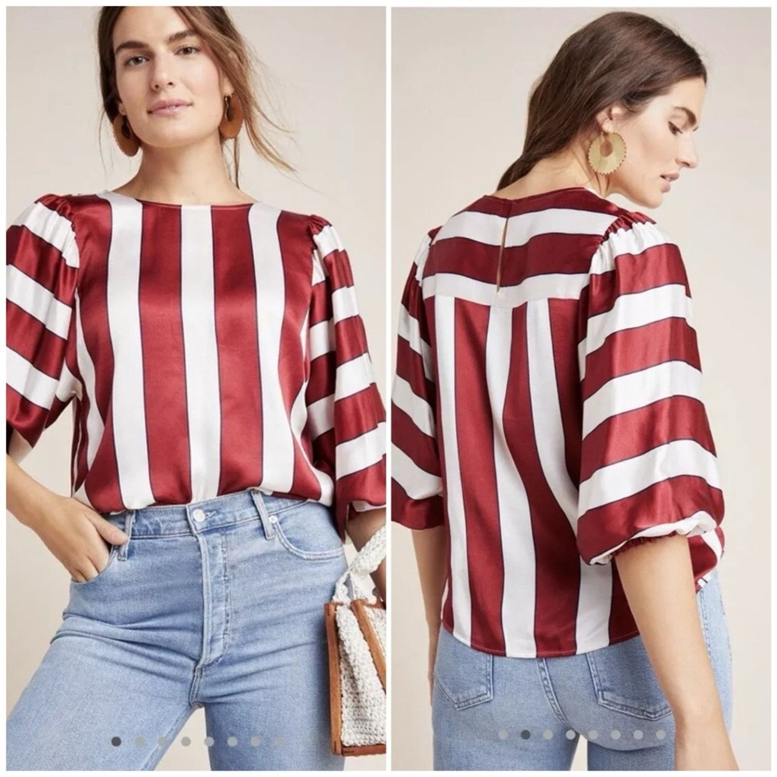 Anthropologie Anthropologie Maeve Maria Striped Blouse Top Puff Sleeve 10 Size L / US 10 / IT 46 - 2 Thumbnail