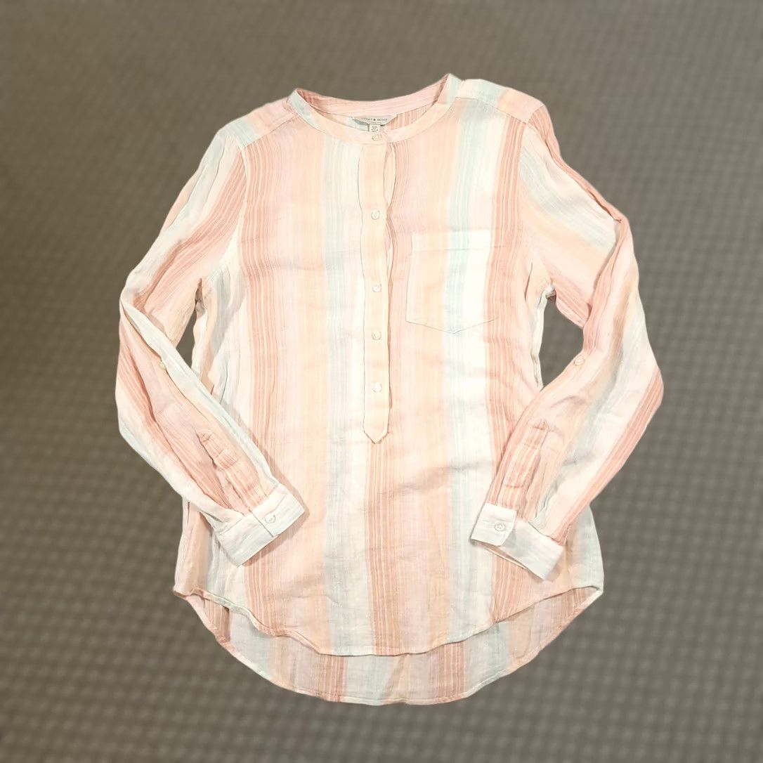 Lucky Brand Lucky Brand Popover Top Striped Roll Tab Long Sleeve Beachy Small Henley Shirt Women XS- Regular? Size S / US 4 / IT 40 - 1 Thumbnail