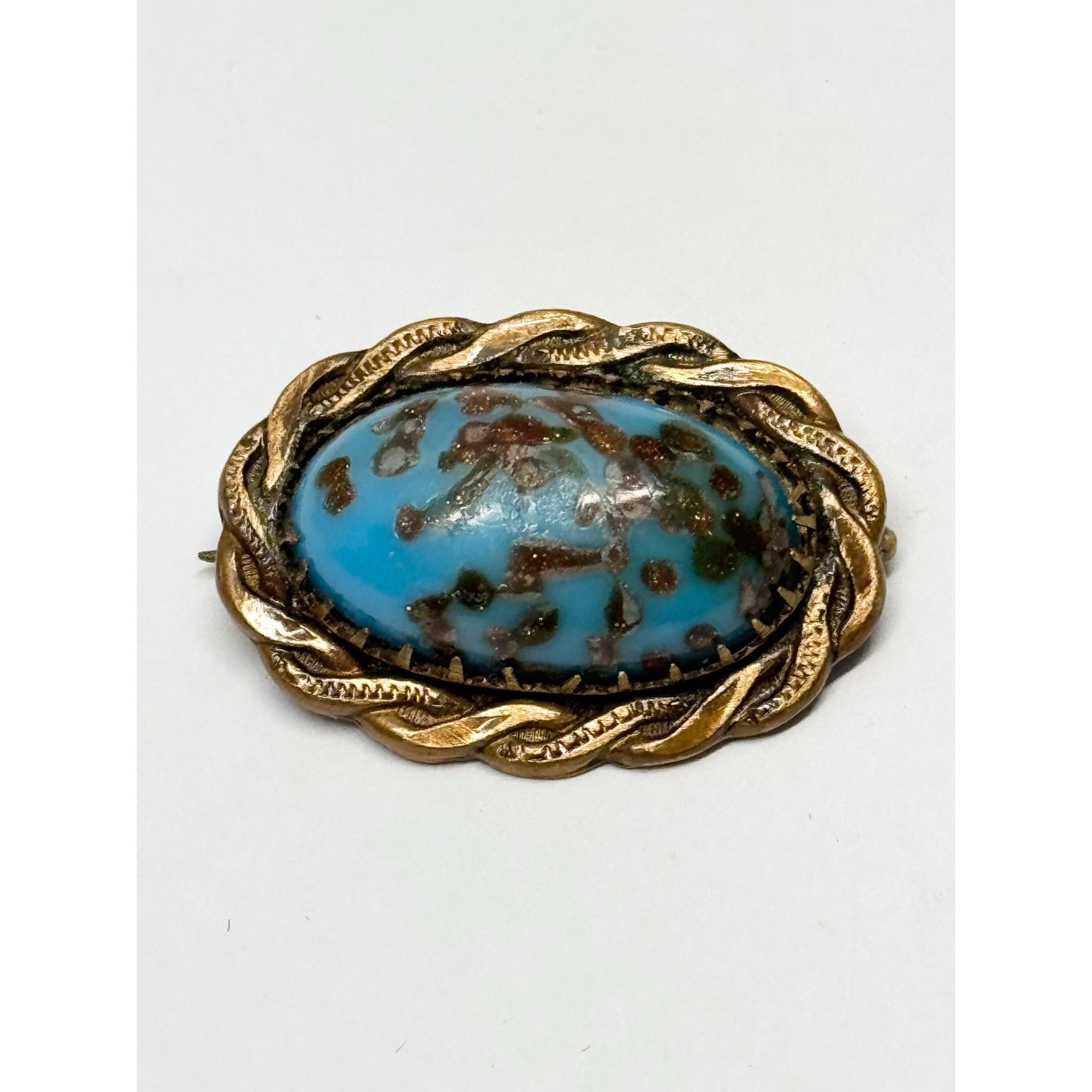 Vintage Estate brass speckled art glass brooch pin Size ONE SIZE - 1 Thumbnail