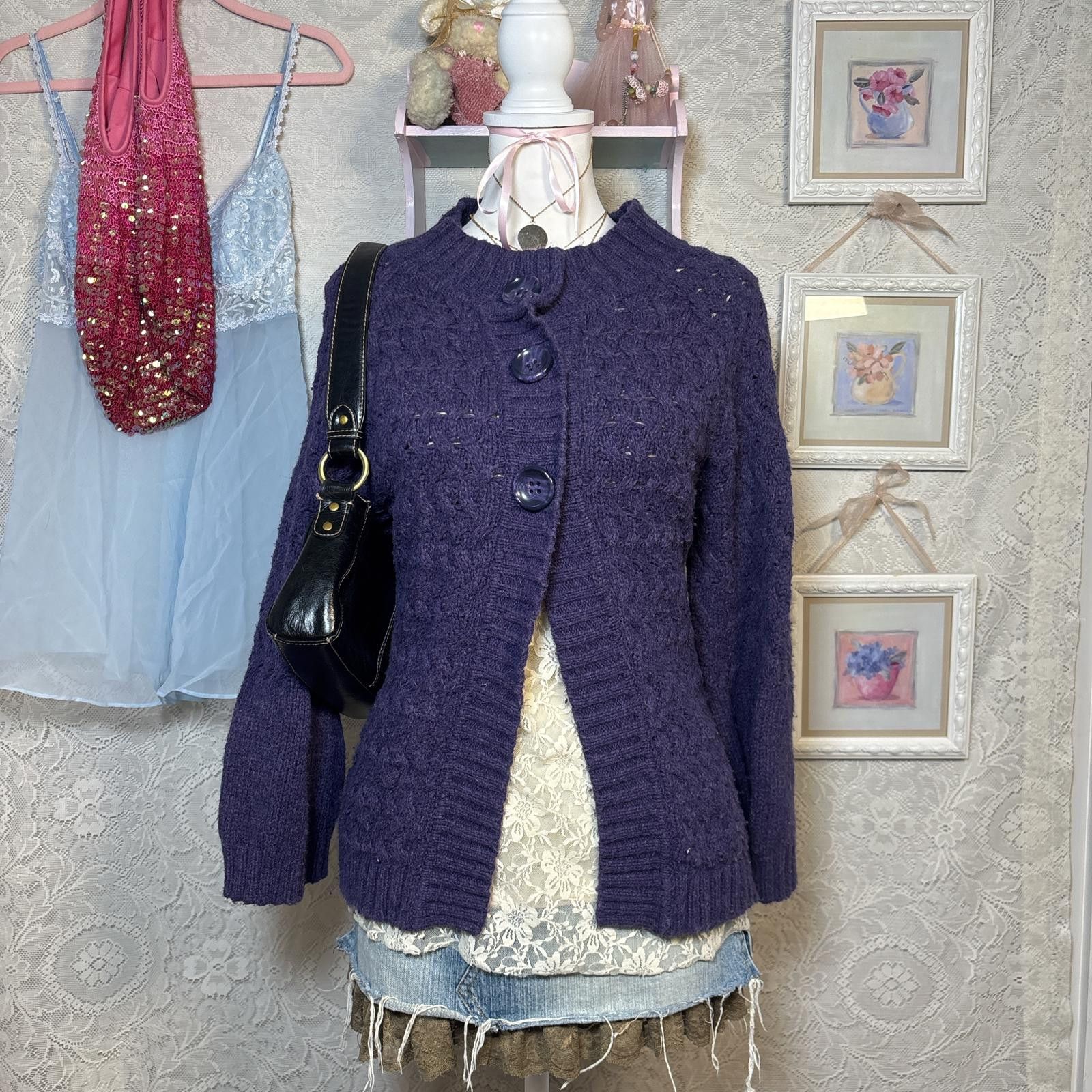 Style & Co vintage purple knit babydoll cardigan sweater Size L / US 10 / IT 46 - 1 Thumbnail