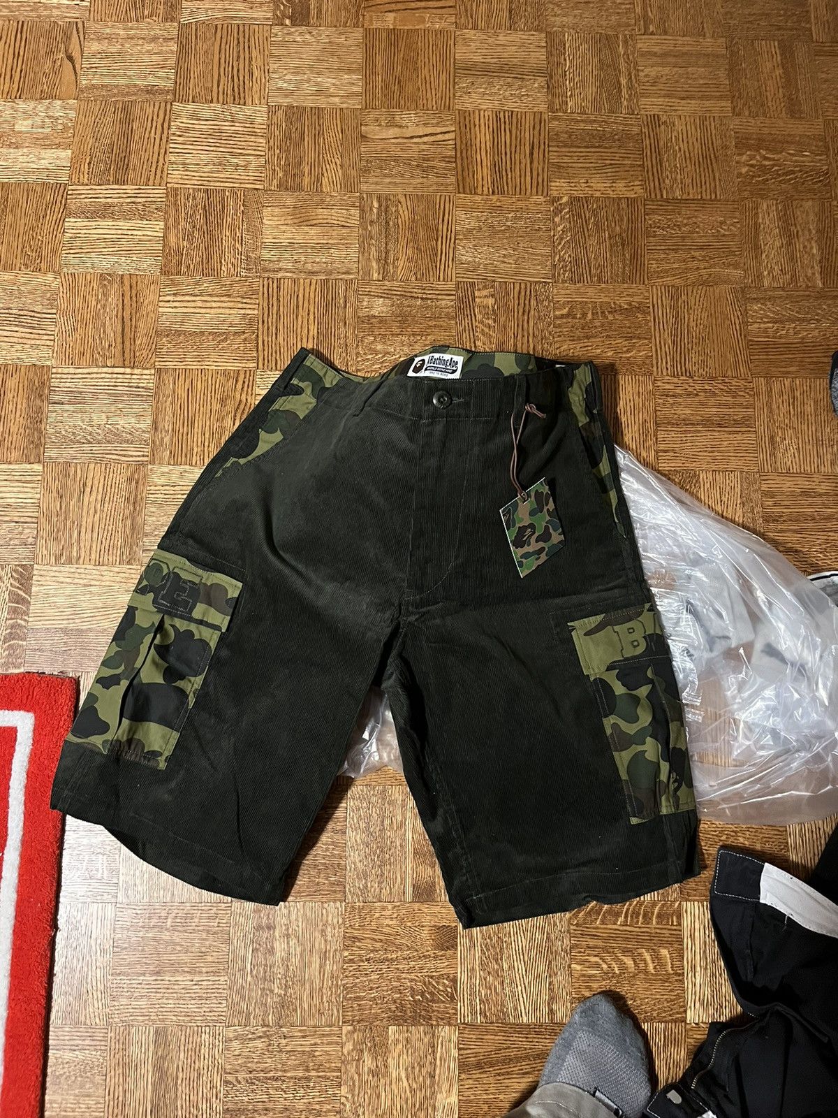 image of Bape 1St Camo Corduroy 6-Pocket Shorts in Green, Men's (Size 38)