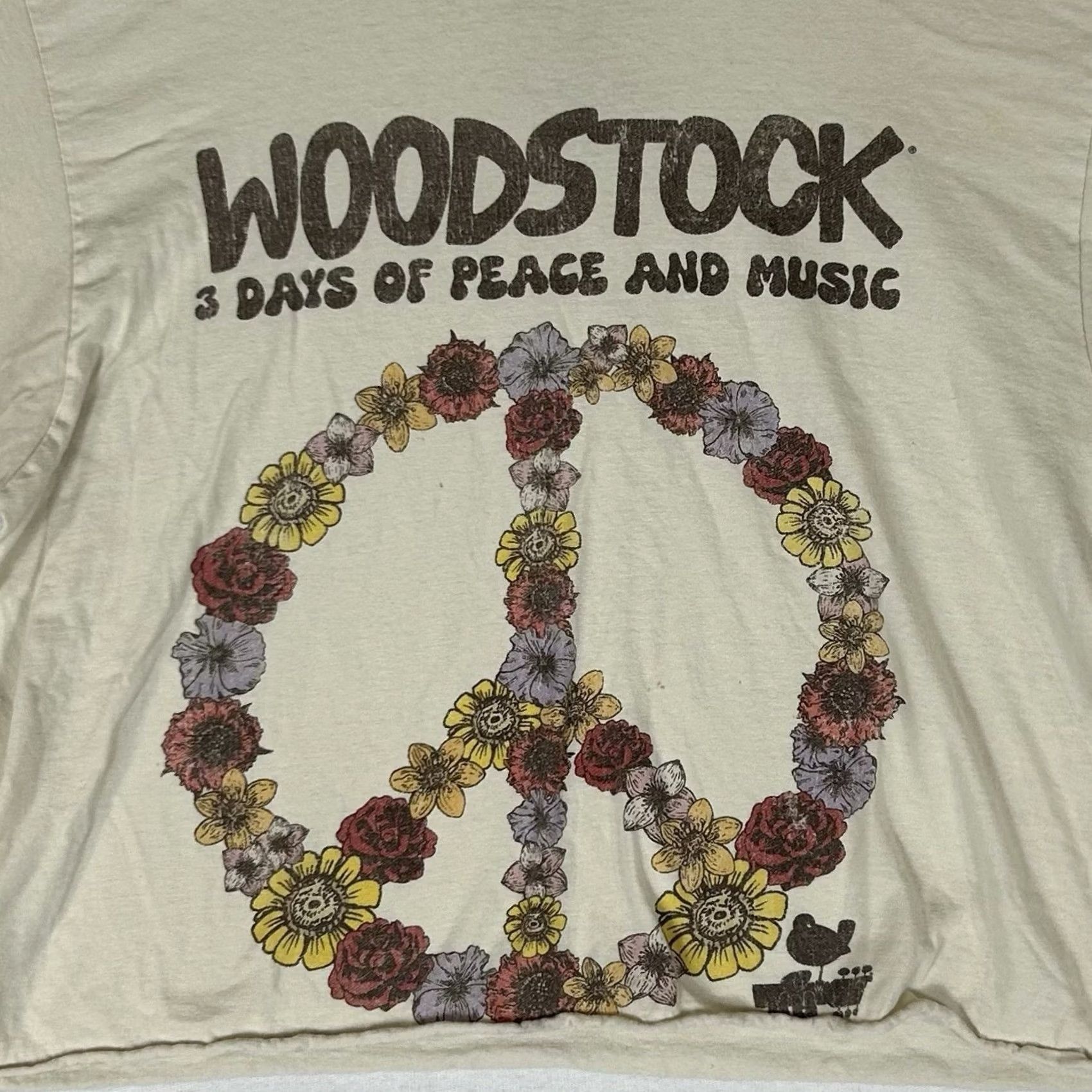 Vintage Woodstock Shirt Womens Medium Cropped Short Sleeve Beige Cotton T-Shirt Size M / US 6-8 / IT 42-44 - 2 Thumbnail