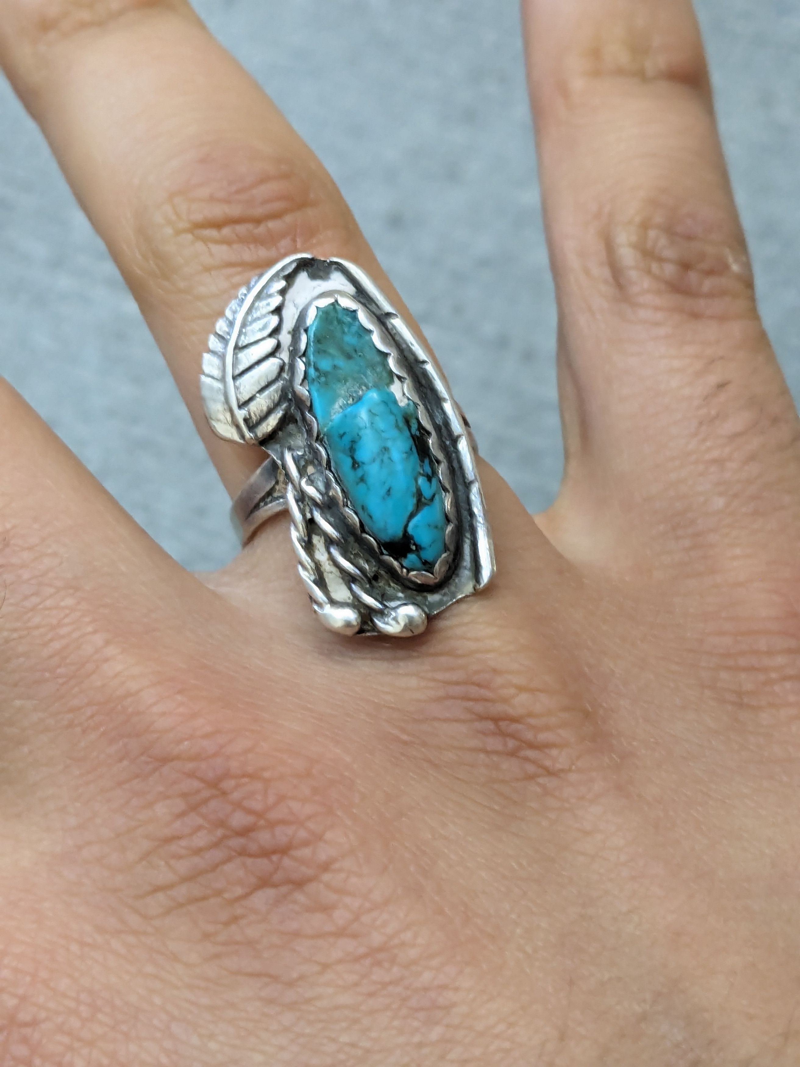 Jewelry Vintage Sterling Silver Ring 8 Turquoise Leaf Modern Size ONE SIZE - 1 Thumbnail