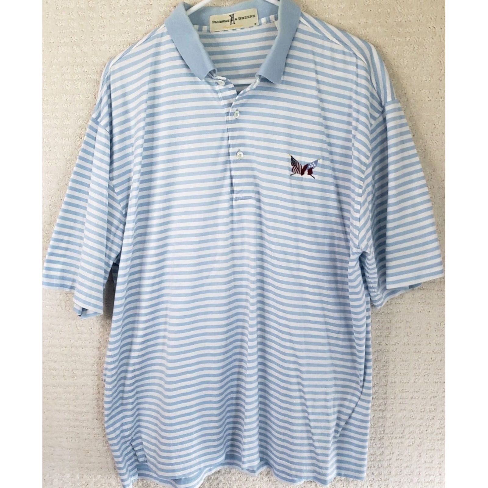 Vintage Fairway & Greene Polo Shirt Blue Striped Short Sleeve Collared Logo Embroidered Flags Chip Golf Shirt Mens L Size US L / EU 52-54 / 3 - 2 Thumbnail