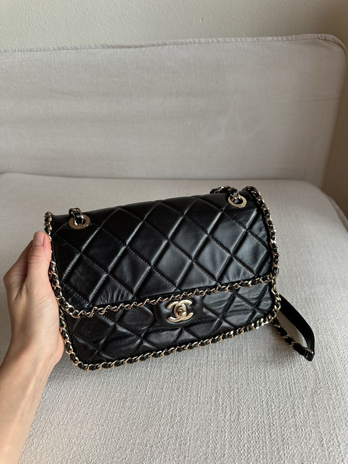 Chanel CHANEL Crumpled Calfskin Medium Chain All Over Flap Black Size ONE SIZE - 4 Thumbnail