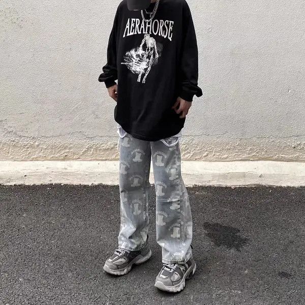 VIBE Retro bear print distressed straight wide-leg jeans Size US 30 / EU 46 - 3 Thumbnail
