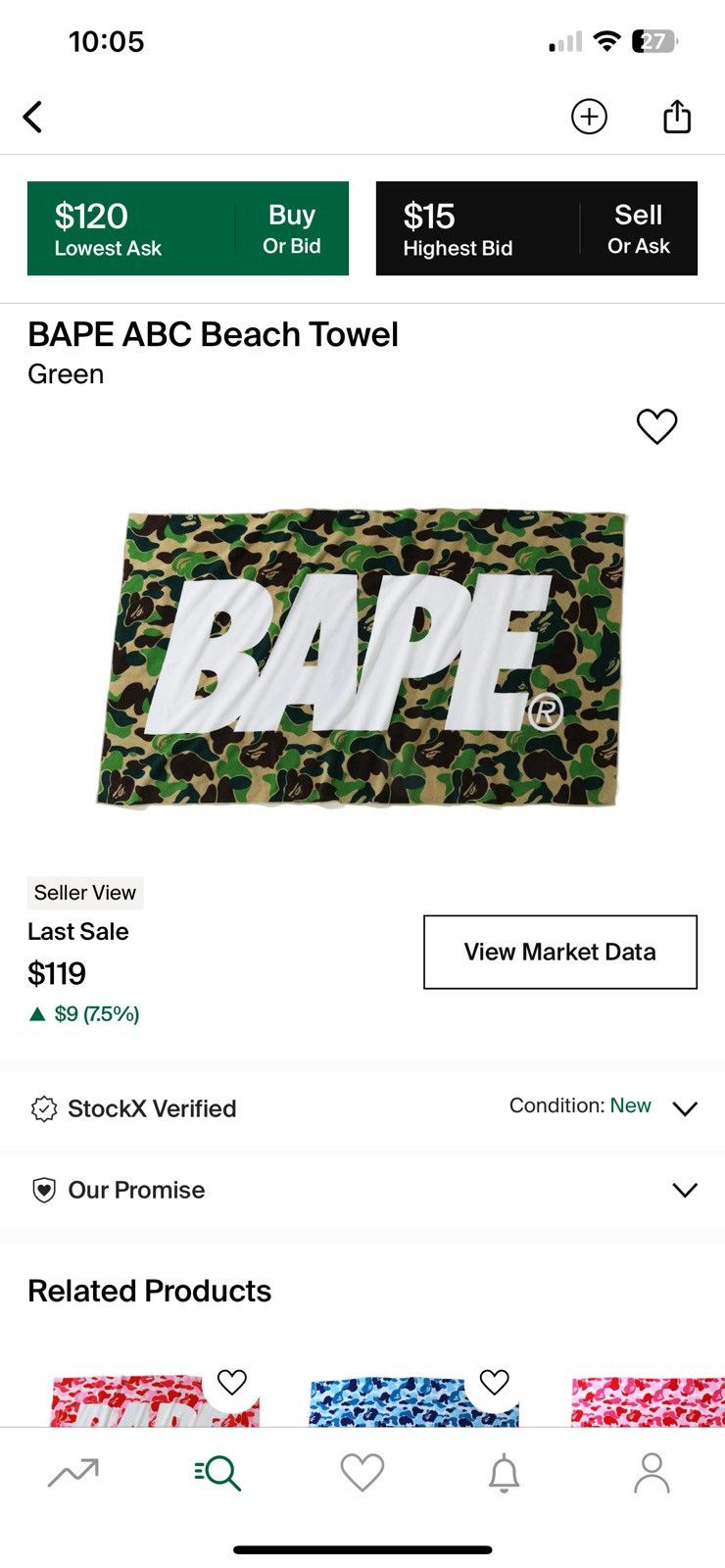 image of Bape Abc Camo Beach Towel Green, Men's