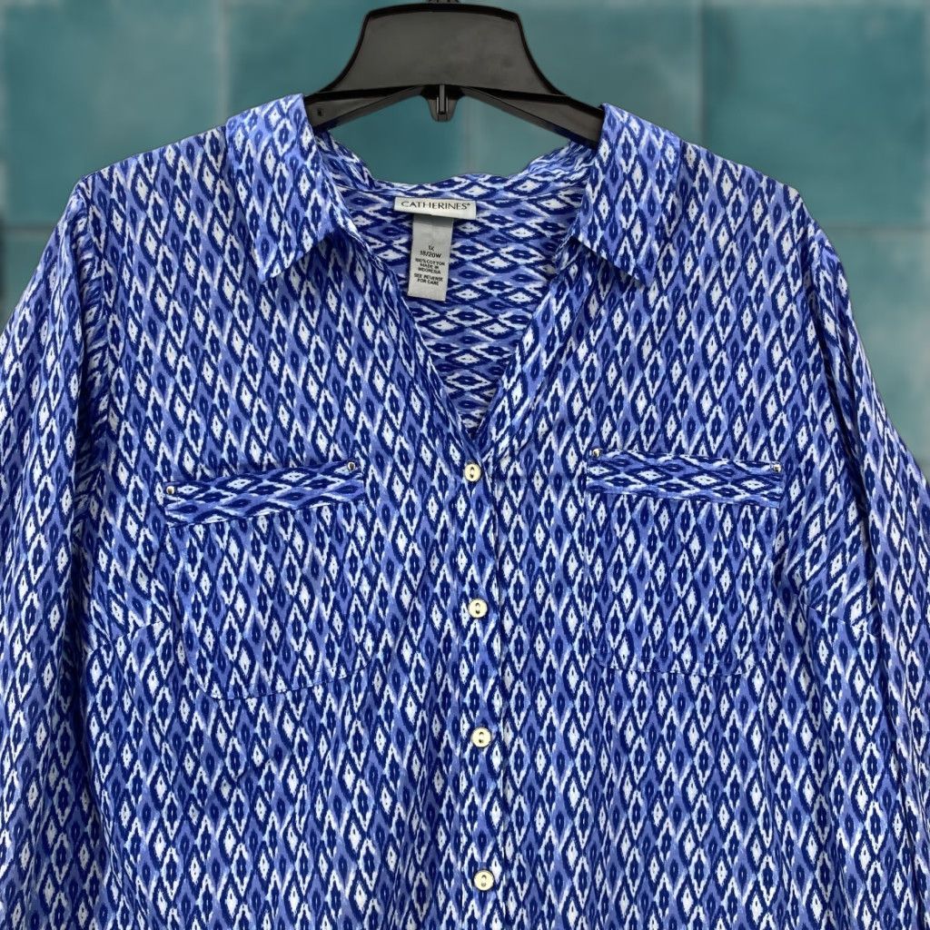 Vintage Catherines 1X Blue Ikat Print Button Front Blouse Cotton Roll Tab Sleeves Boho Shirt Women Plus Size Regular Fit Casual Bohemian Feminine Size XL / US 12-14 / IT 48-50 - 1 Thumbnail