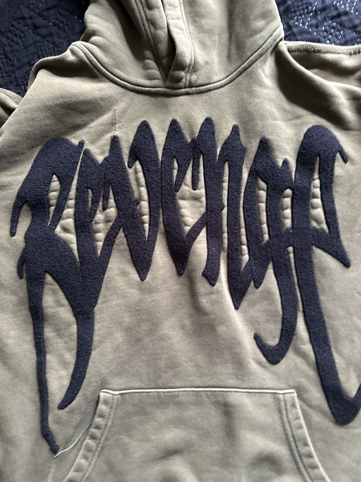 image of Revenge Chenille Army Olive Patch Hoodie French Terry in Green, Men's (Size Medium)