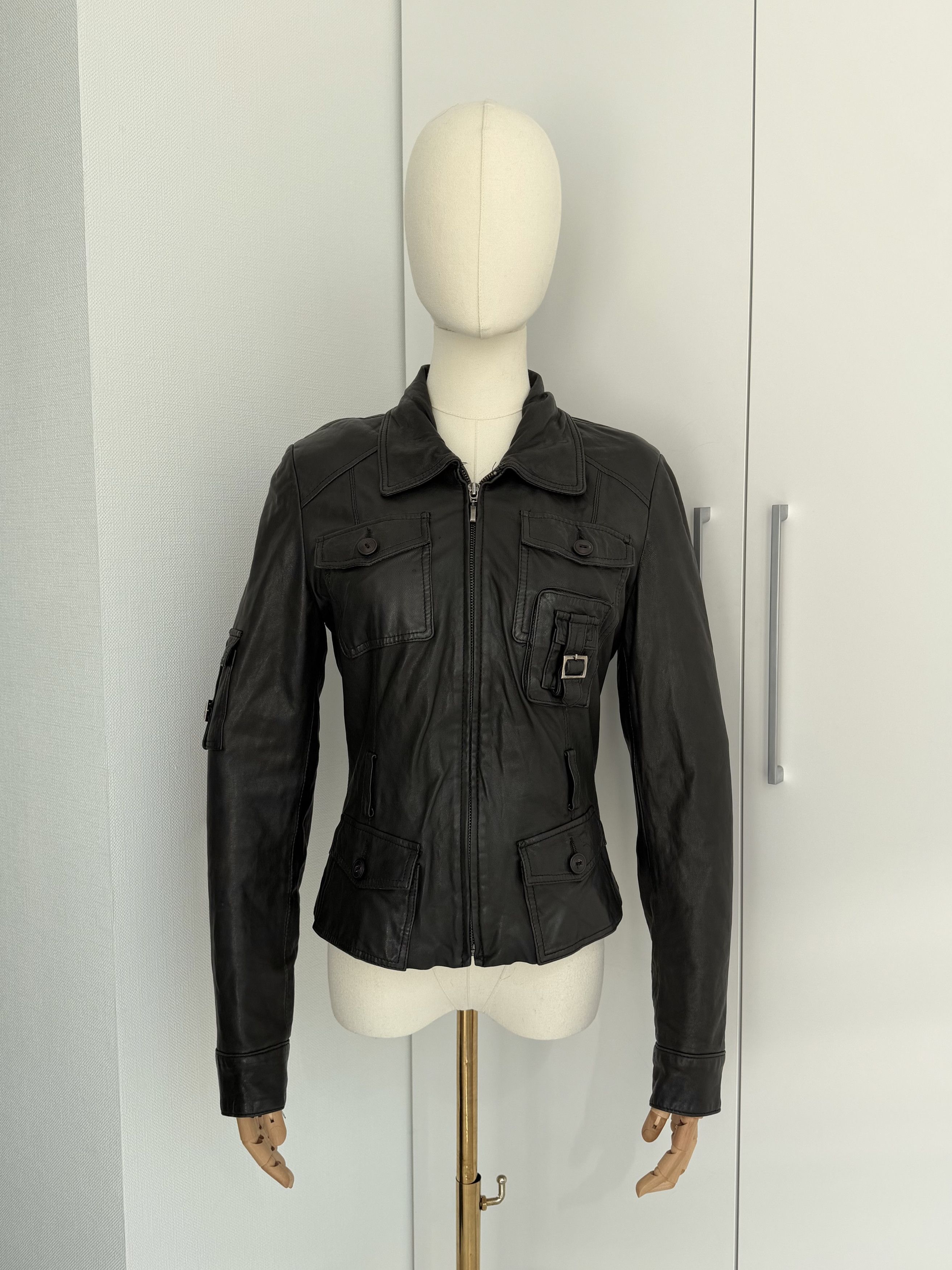 Vintage Y2K Leather Utility Moto Jacket Womens Fitted XS Zip Pocket Size XS / US 0-2 / IT 36-38 - 1 Thumbnail
