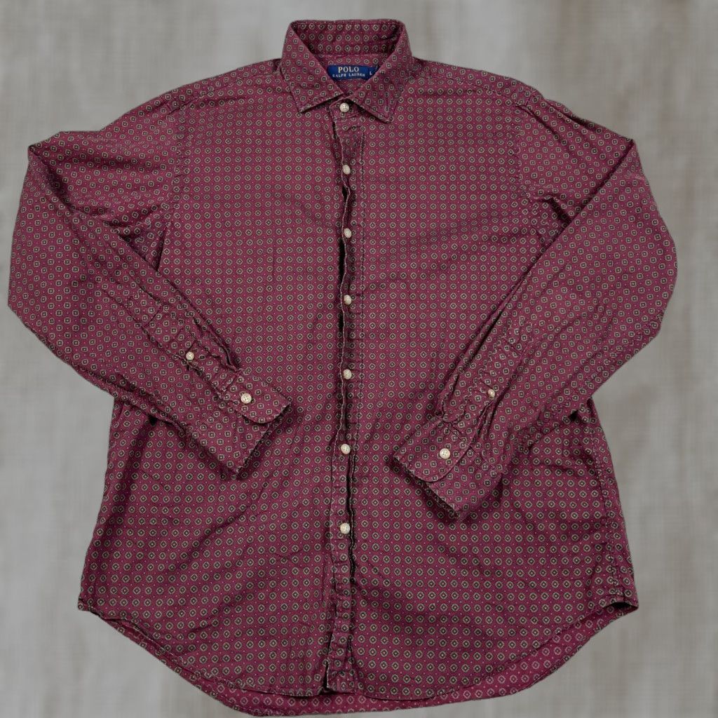 Polo Ralph Lauren VINTAGE Polo Ralph Lauren Shirt Men Large Maroon Button Up Dress Poplin Spotted Adult Size 42R - 1 Thumbnail