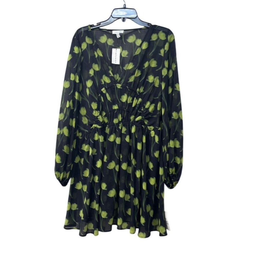 Topshop Topshop Floral Ruched Long Sleeve Dress In Medium Green, Sz. Size M / US 6-8 / IT 42-44 - 8 Thumbnail