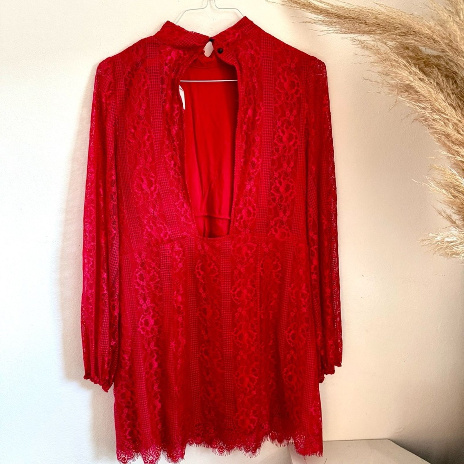 NEW ANTHROPOLOGIE Red Lace Open Back Sleeve $228 Mini Dress