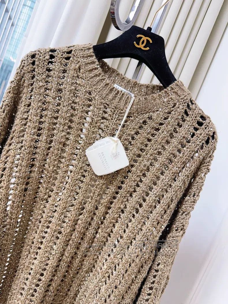Brunello Cucinelli Brunello Cucinelli Caramel Openwork Sequin Long Sleeve Loo Size S / US 4 / IT 40 - 3 Thumbnail