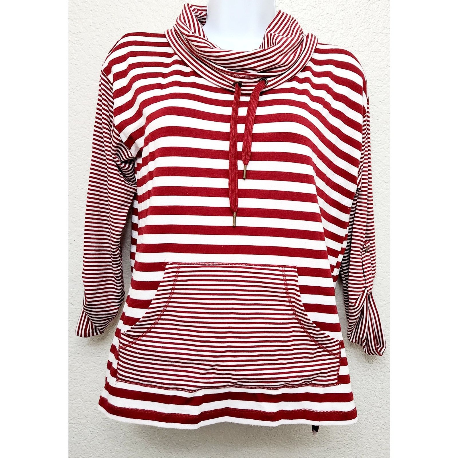 Other Ruby Rd. Red White Stripe Cowl Neck Roll Tab Sleeve Top PS Size S / US 4 / IT 40 - 1 Thumbnail