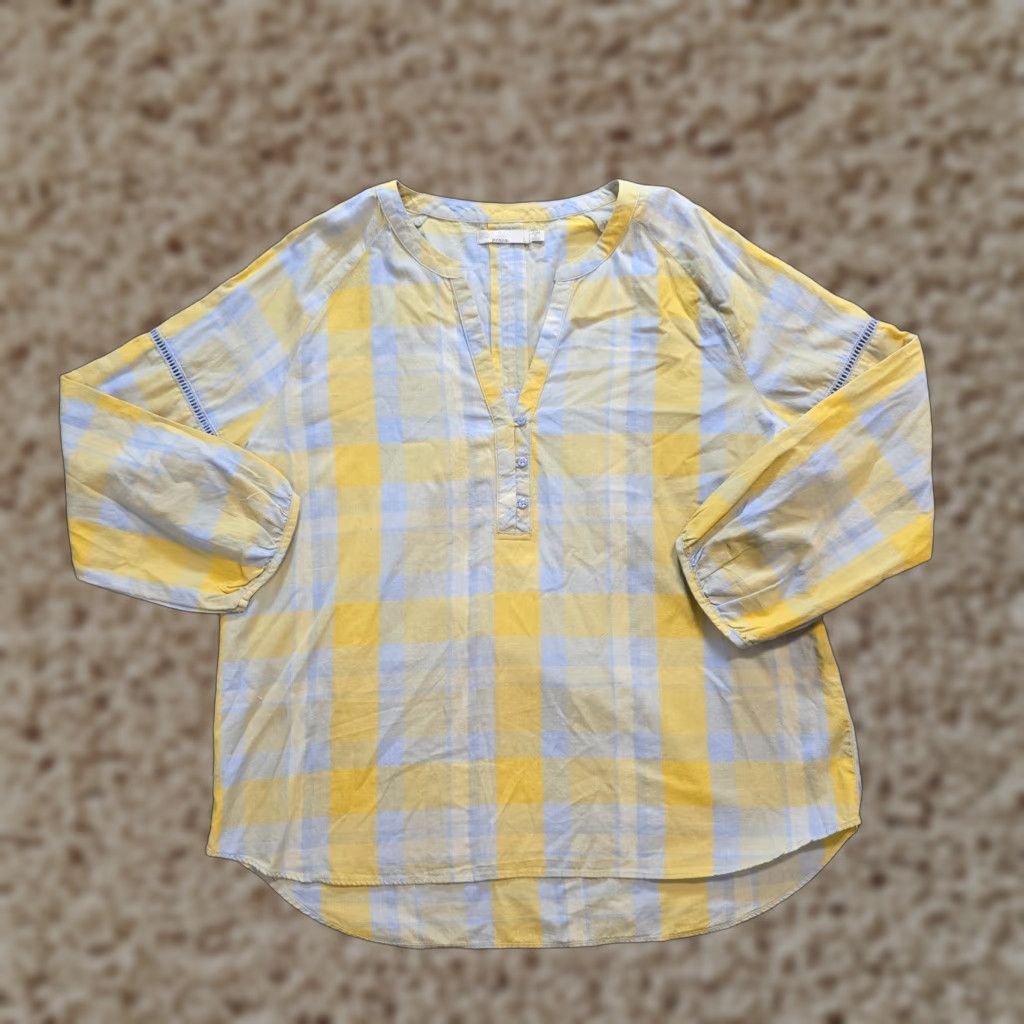 Prana prAna Top Womens L Yellow Gray Plaid Long Sleeve 1/4 Button Popover Casual Shirt Blouse Womens Size L / US 10 / IT 46 - 1 Thumbnail