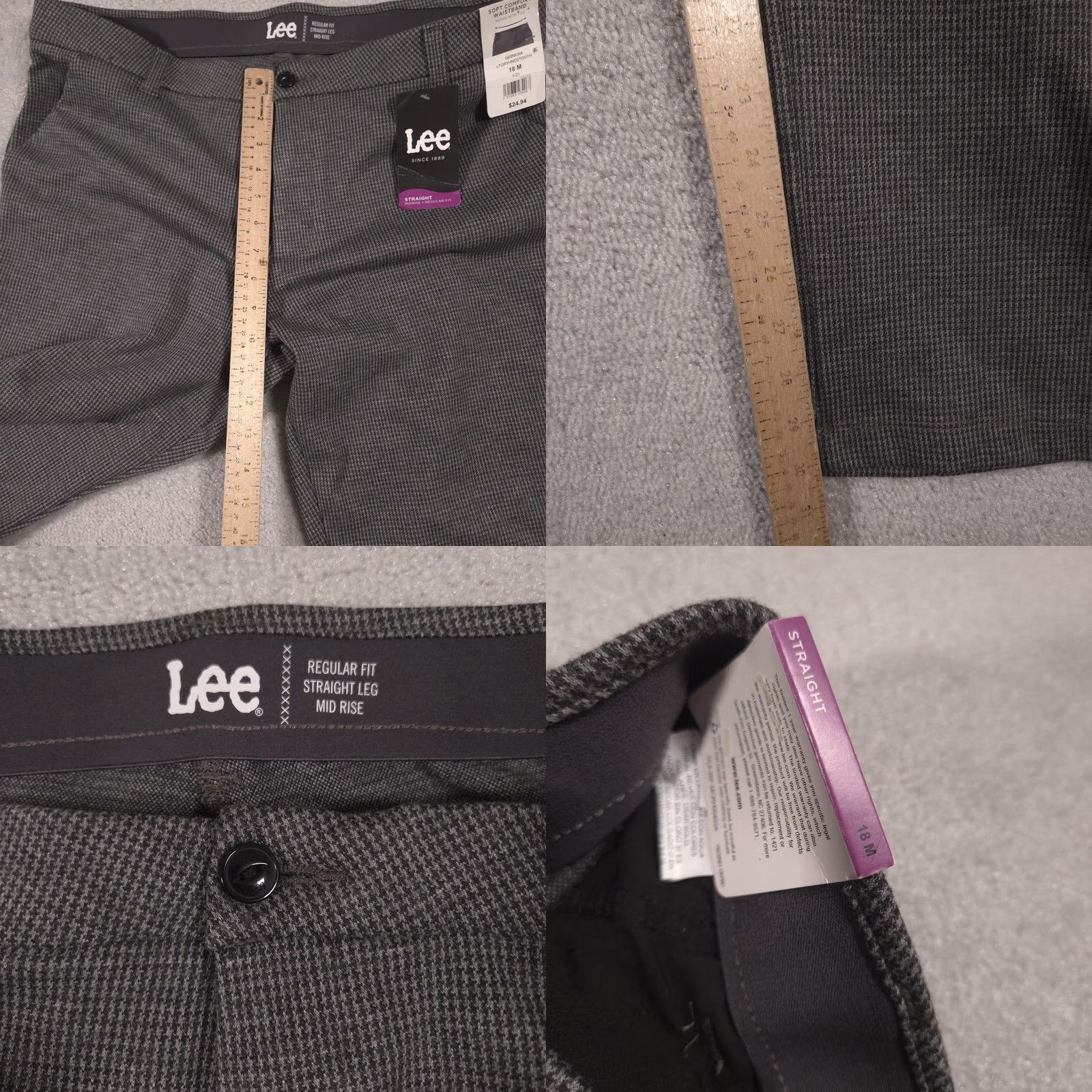 Lee Lee Pants Womens 18 Gray Houndstooth Twill Straight Leg Mid Rise Stretch Work Pants Size 40" / US 18 - 8 Thumbnail