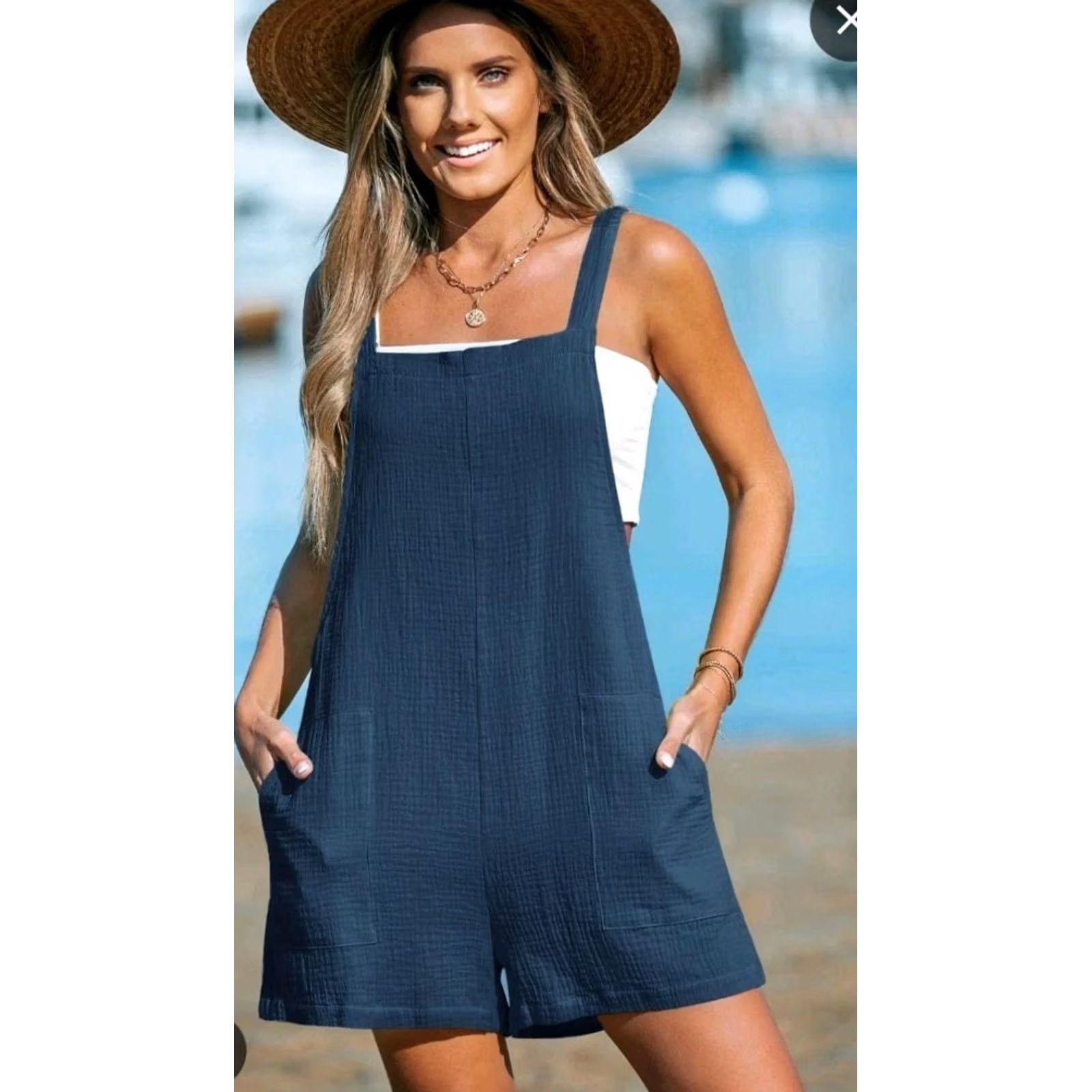Vintage Cupshe Teal Blue Square Neck Wide Leg Romper Sleeveless Cotton Size M NEW Size 32" / US 10 / IT 46 - 2 Thumbnail
