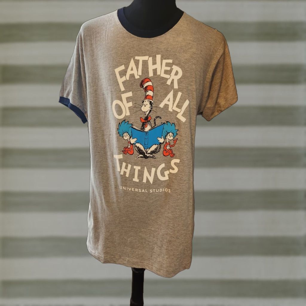 Vintage NWT Universal Studios Cat In The Hat Father Of All Things Ringer Tee Large Gray Cotton Blend Graphic Print Short Sleeve Men T-Shirt Retro / Mens Size ONE SIZE - 1 Thumbnail