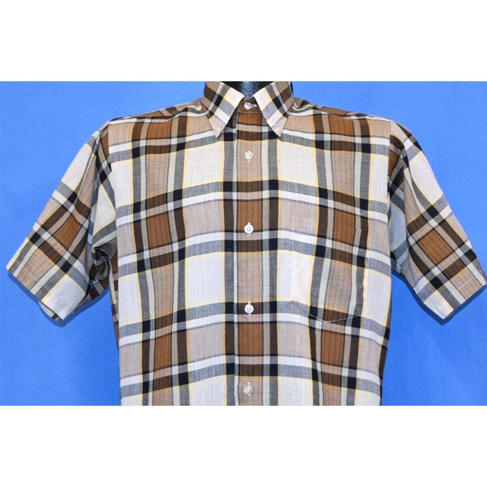 Image of Vintage 60S Career Club Brown Plaid Check Short Sleeve Men's Button Down Shirt S in White (Size Sma