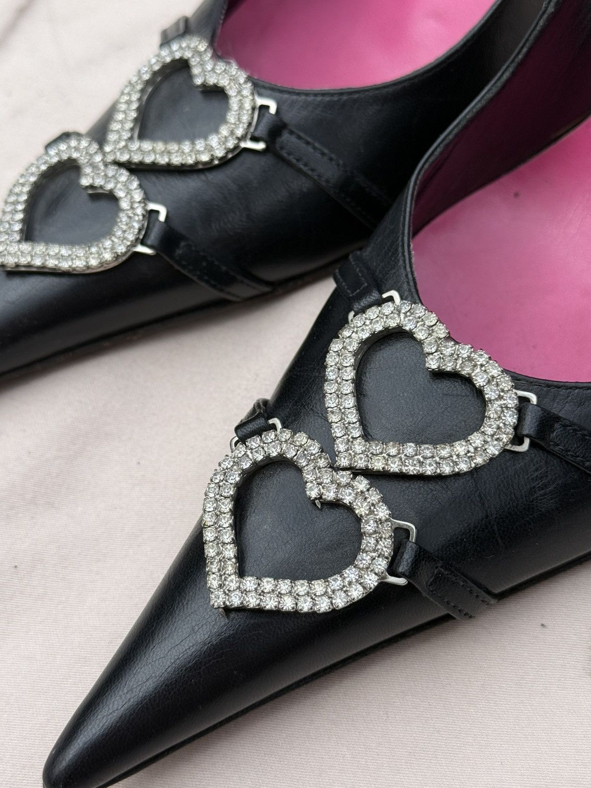 Other Gai Mattiolo Black Leather Crystal Heart Embellished Heels Size US 10 / IT 40 - 4 Thumbnail