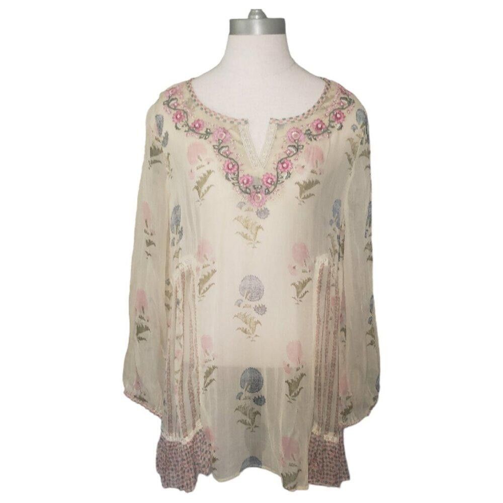 Designer CT1531 Soft Surroundings Sheer Floral Beaded Top S Size S / US 4 / IT 40 - 1 Thumbnail