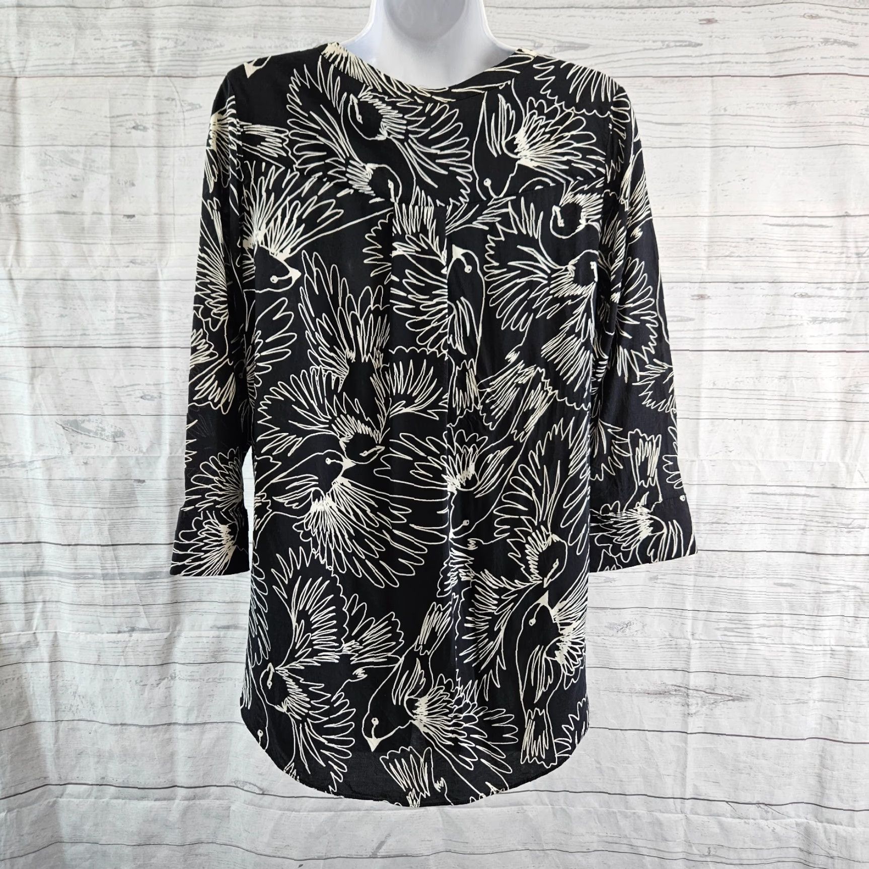 Vintage Maeve Womens Button Down Top Sz 8 Black Bird Print 3/4 Sleeve Rayon Shirt Women Size M / US 6-8 / IT 42-44 - 4 Thumbnail