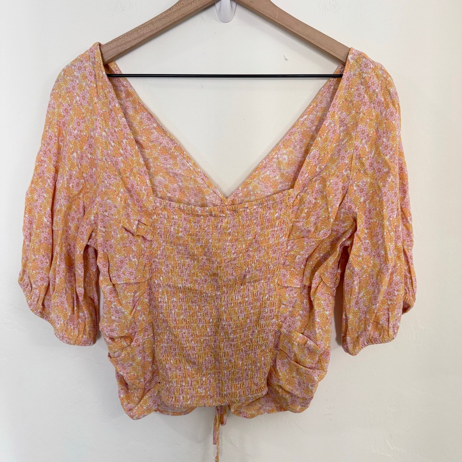 H&M H&M Orange Pink Floral V-Neck Drawstring Blouse Ruched Smock Size US L / EU 52-54 / 3 - 7 Thumbnail