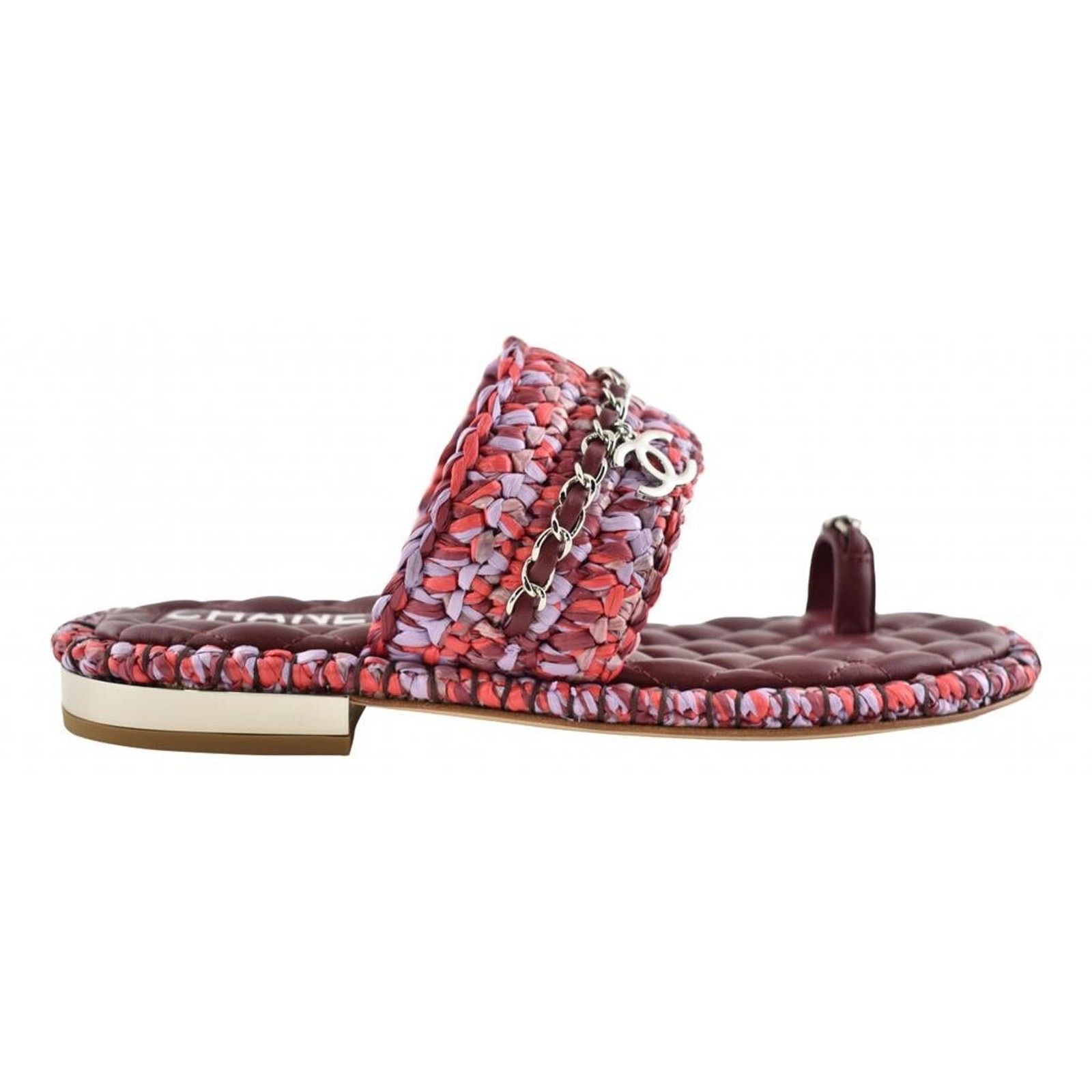 Chanel Chanel 20S Red Purple Raffia Tweed CC Chain Logo Mule Size US 7 / IT 37 - 1 Thumbnail