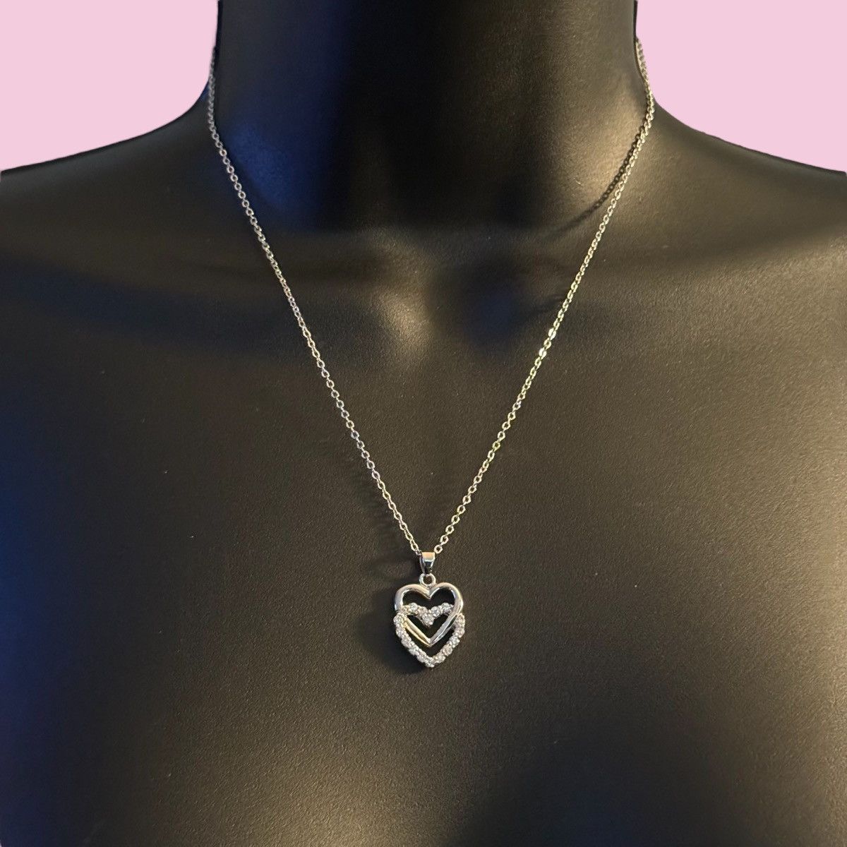 Other Vintage silver cubic zirconia double heart pendant necklace Size ONE SIZE - 1 Thumbnail
