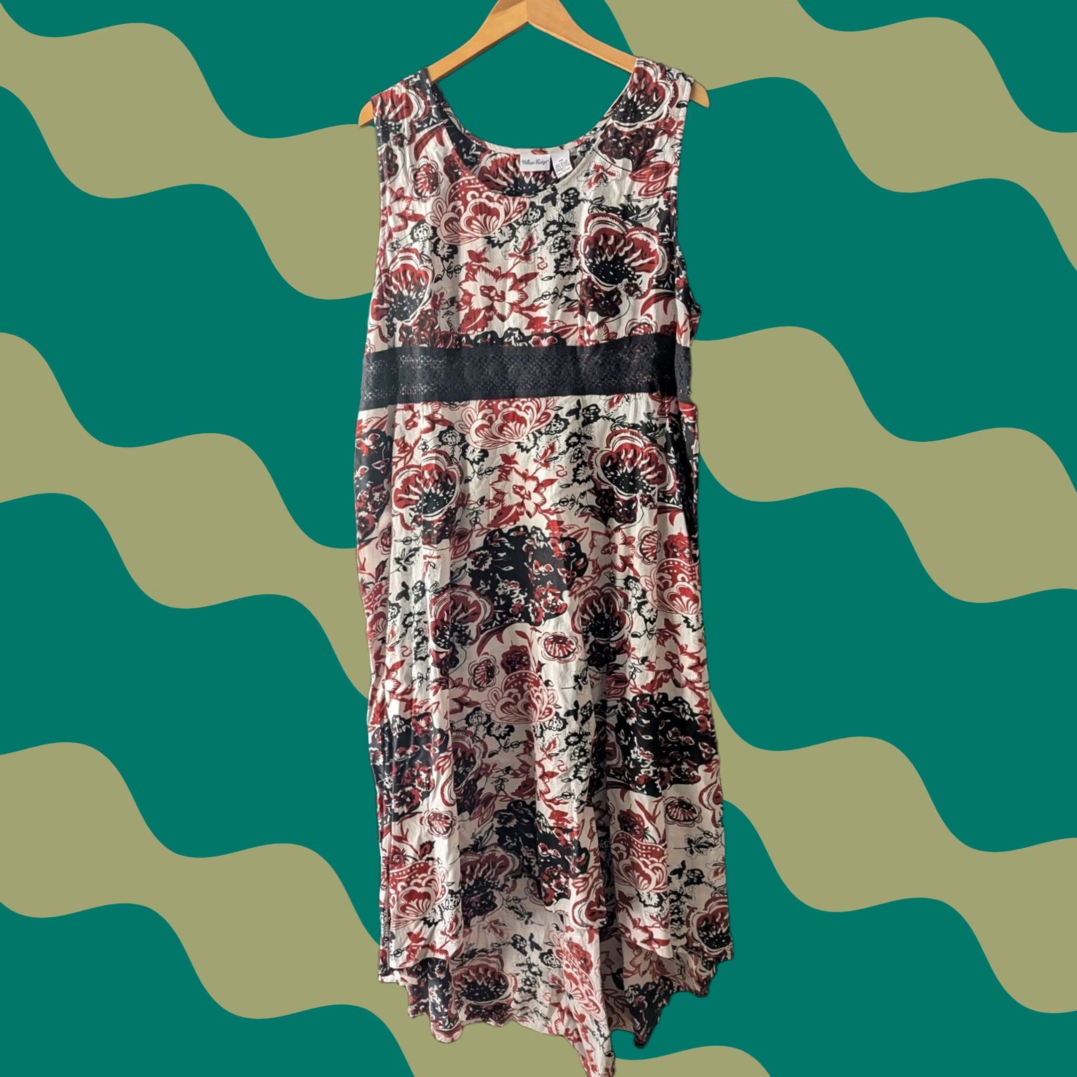 Vintage Willow Ridge Floral Print Maxi Dress Sleeveless White Black Red 2XL Bohemian Handkerchief Hem Casual Womens Size XXL / US 16-18 / IT 52-54 - 1 Thumbnail