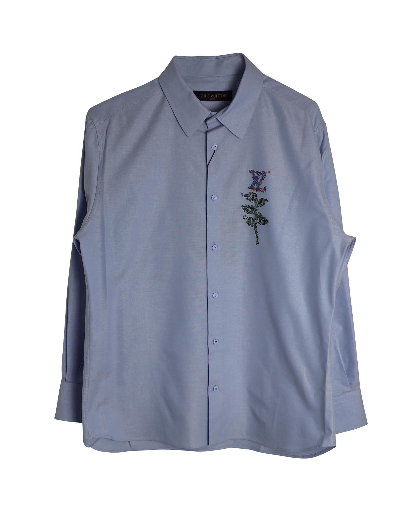 Image of Louis Vuitton Embroidered Logo Shirt In Light Blue Cotton in Blue/Light Blue, Men's (Size XL)