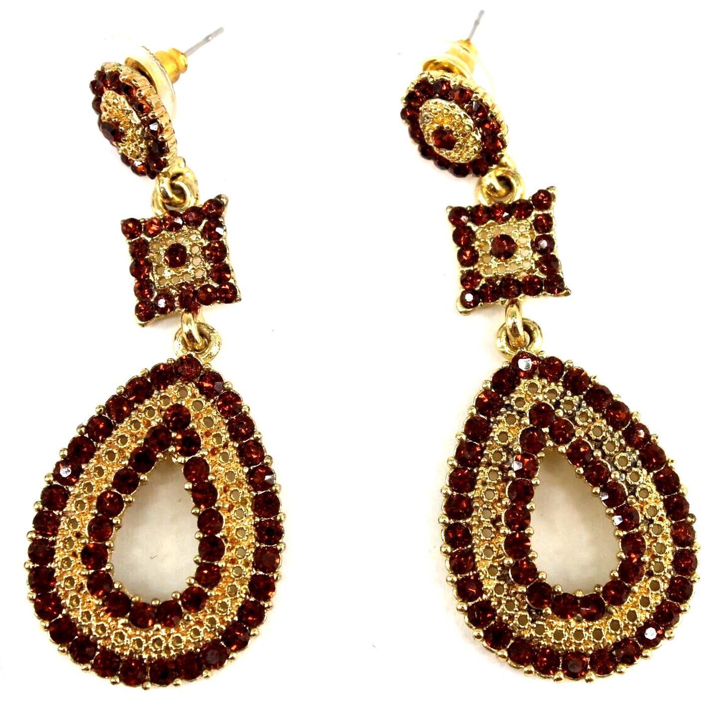 Other Root Beer Brown Rhinestone Earrings •Goldtone Pierced 2-1/2" Size ONE SIZE - 2 Thumbnail