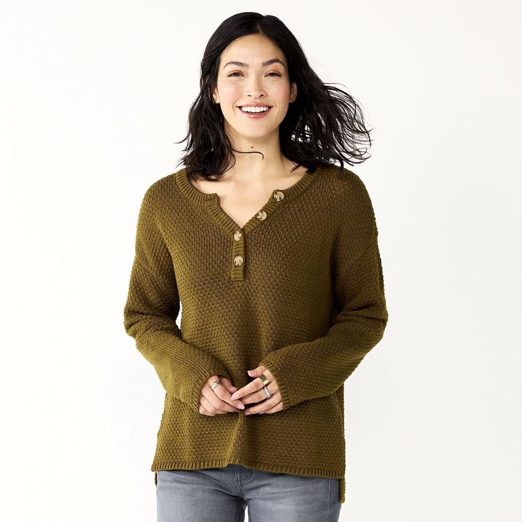 Olive Sonoma Women Olive Green Oversized Textured Knit Long Sleeve Henley Sweater S Size S / US 4 / IT 40 - 4 Thumbnail