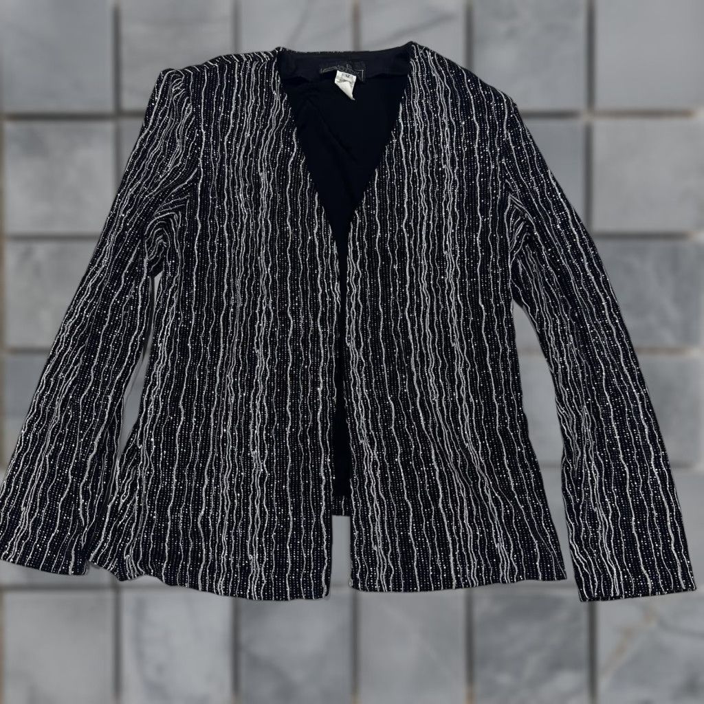 Alex Evenings Alex Evenings Jacket 12 Black Silver Striped Lined Collarless Open Front Stretch Size XL / US 12-14 / IT 48-50 - 1 Thumbnail