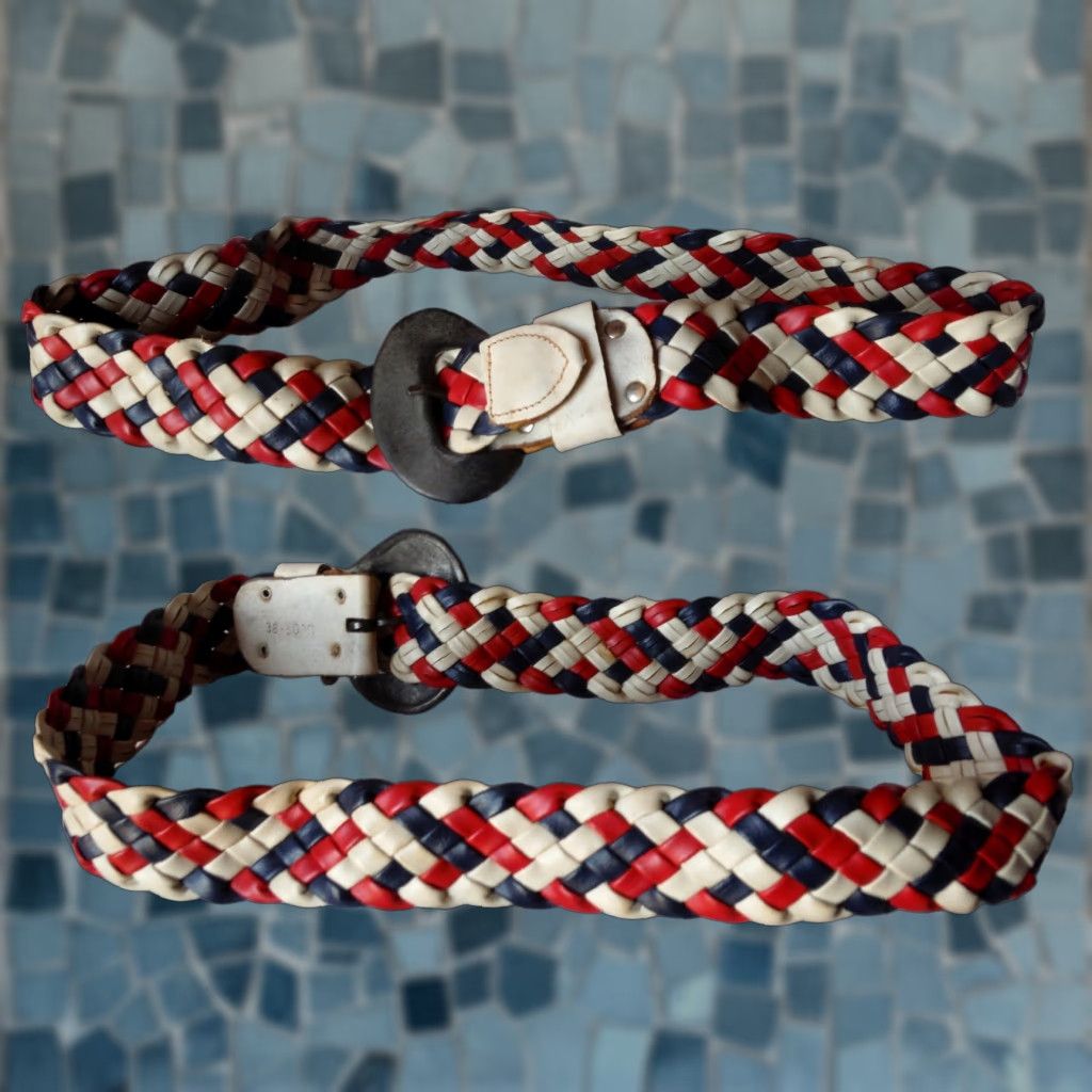 Vintage VINTAGE 70s USA Themed Belts - White Leather Vinyl Stripes Handcrafted Waist Accessories for Adults Small to 50 Size Size ONE SIZE - 1 Thumbnail