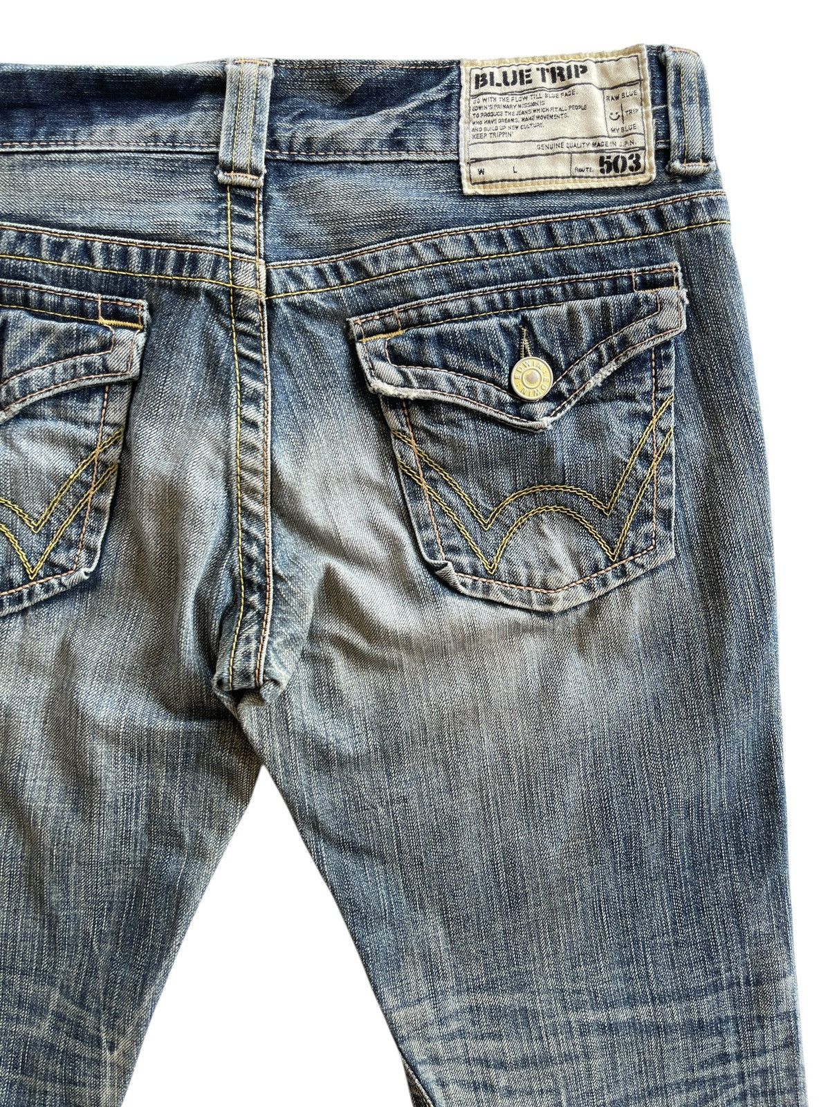 Japanese Brand Vintage Edwin 504 Blue Trip Flare Distressed Denim Size US 32 / EU 48 - 10 Thumbnail