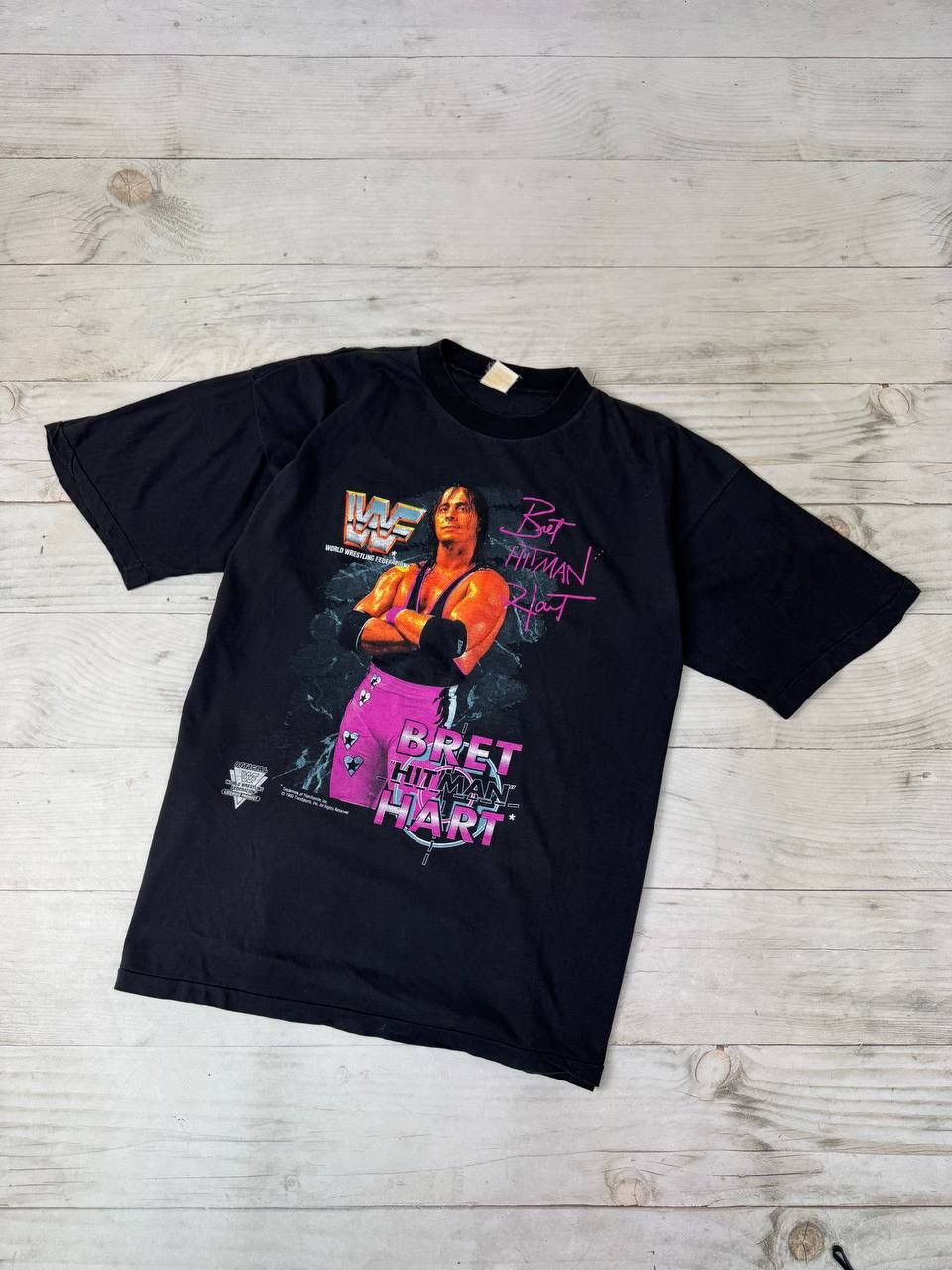 Vintage Vintage WWF 1992 Bret Hitman Hart T Shirt Wrestling Size US XL / EU 56 / 4 - 1 Thumbnail
