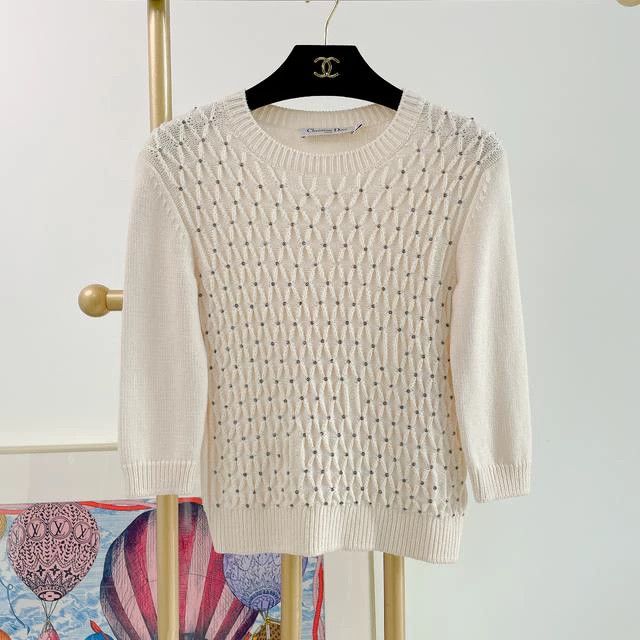 Dior Dior Beige rhinestone knitted sweater Size XXS / US 00 / IT 34 - 1 Thumbnail