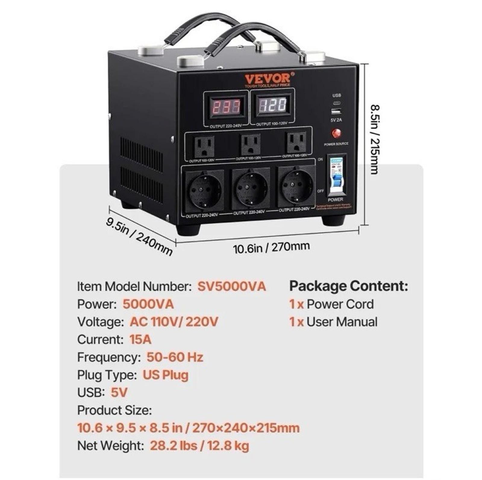 Other 5000W Voltage Converter Up/Down 220V 110V 110V 220V VEVOR Size ONE SIZE - 5 Thumbnail