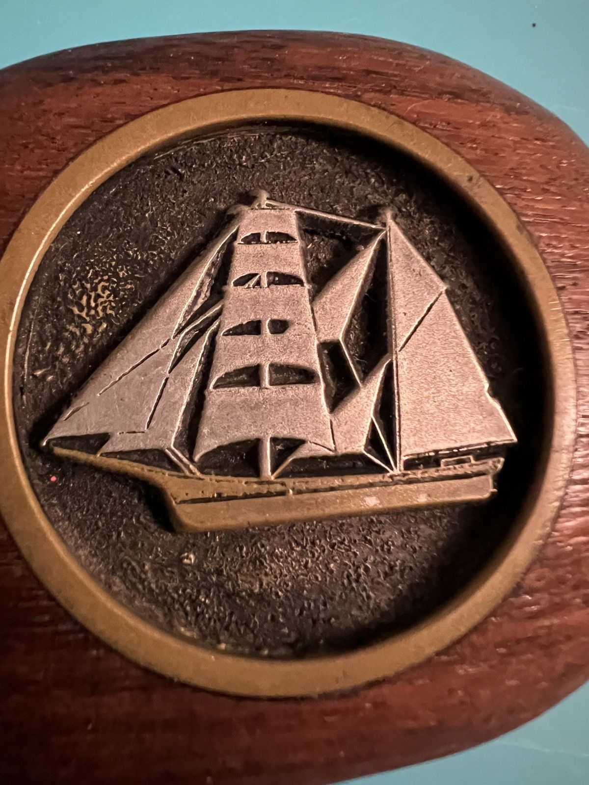 Vintage Belt buckle carved wood and pewter inlay of a sailboat Size ONE SIZE - 2 Thumbnail