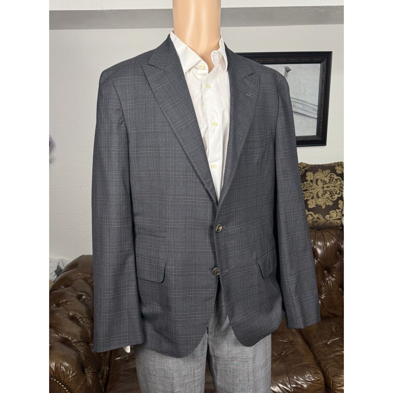 Brunello Cucinelli Brunello Cucinelli Charcoal Gray Plaid Peak Lapel 54/44 Size 44R - 4 Thumbnail