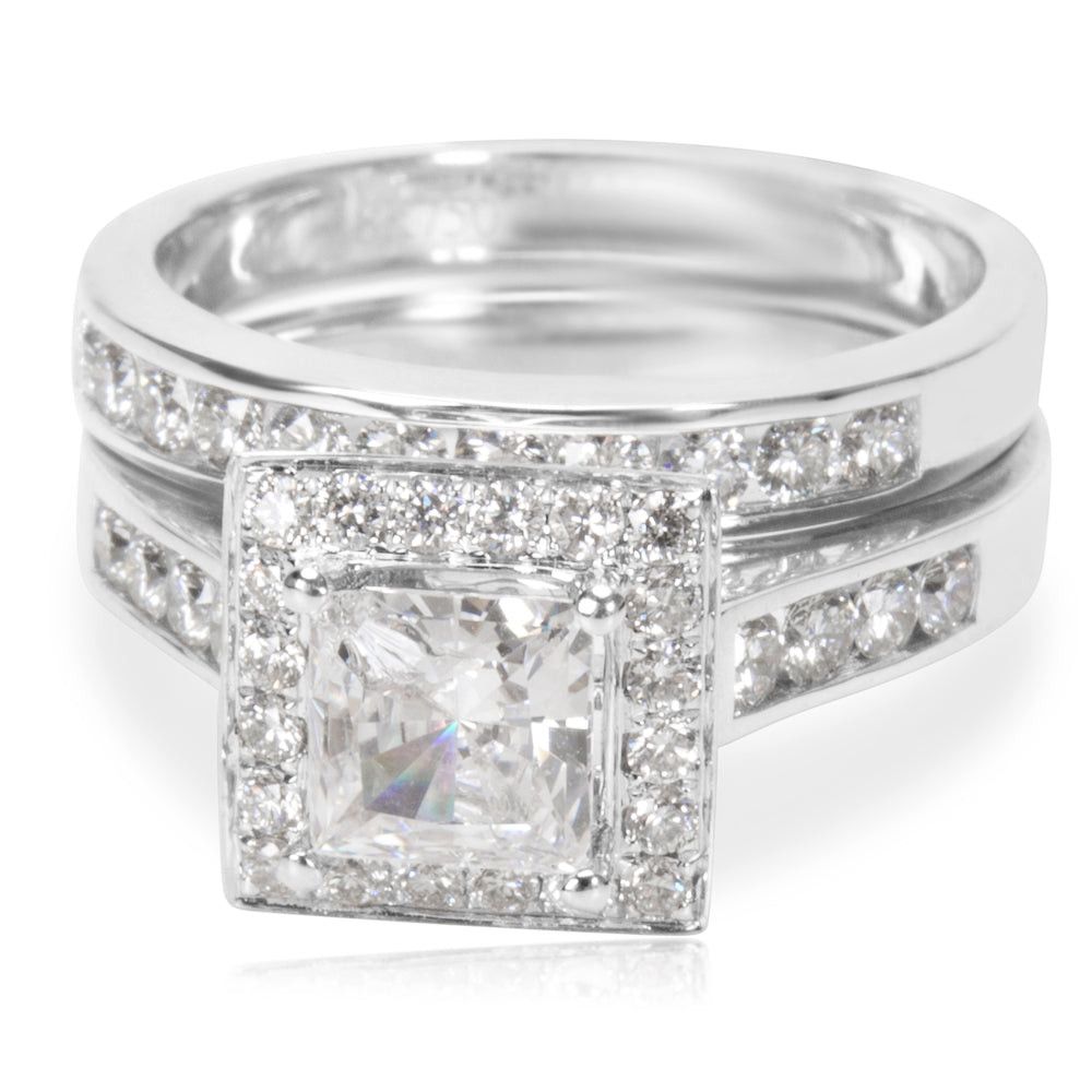 image of Tiffany Co Square Halo Channel Bridal Set In 18K White Gold With Diamonds, Women's